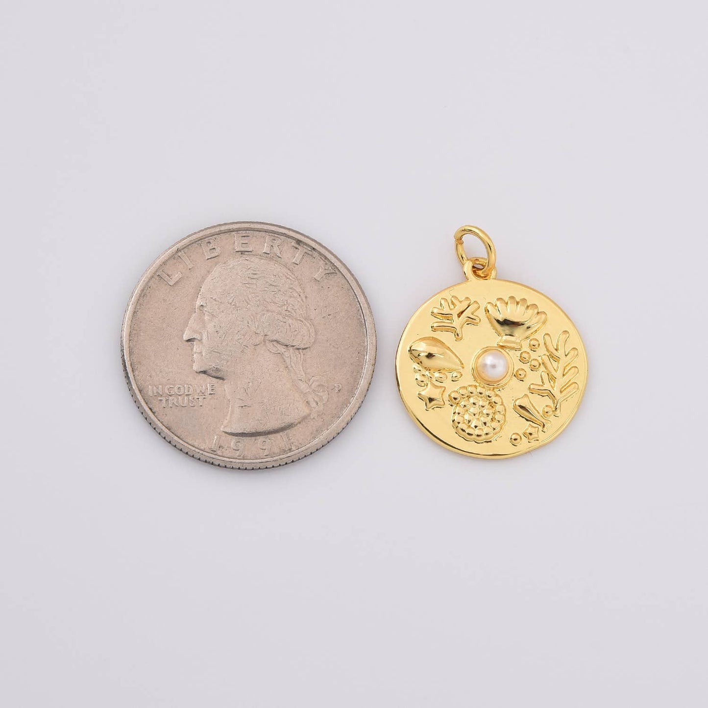Coastal Medallion Charm with Freshwater Pearl- 18k Gold Filled