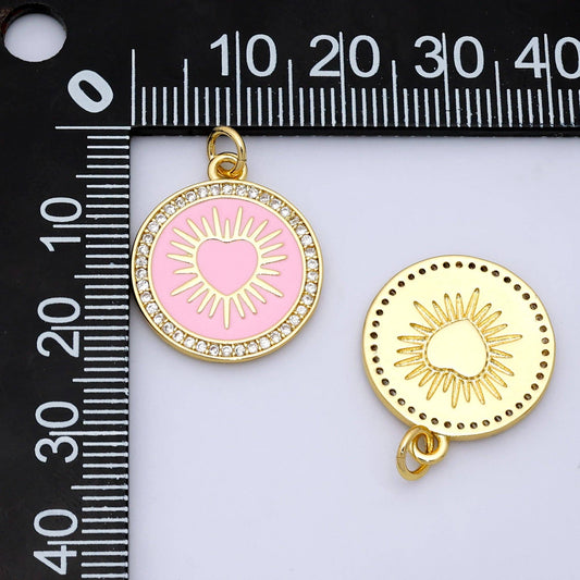 24K Gold Filled Sacred Heart Pink Enamel Micro Paved Round Charm