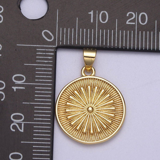 24k Gold Filled Round Coin Medallion Pendant, Sunburst Charm