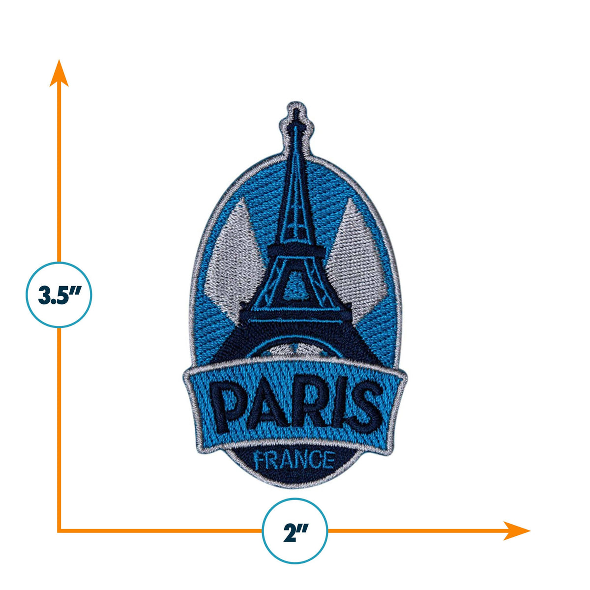 Embroidered patch with Eiffel Tower design and 'Paris France' text, showing dimensions on a white background.