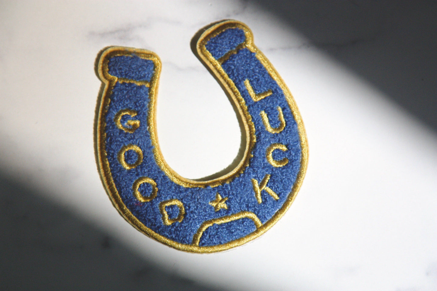 Good Luck- Blue Chenille Horseshoe Patch