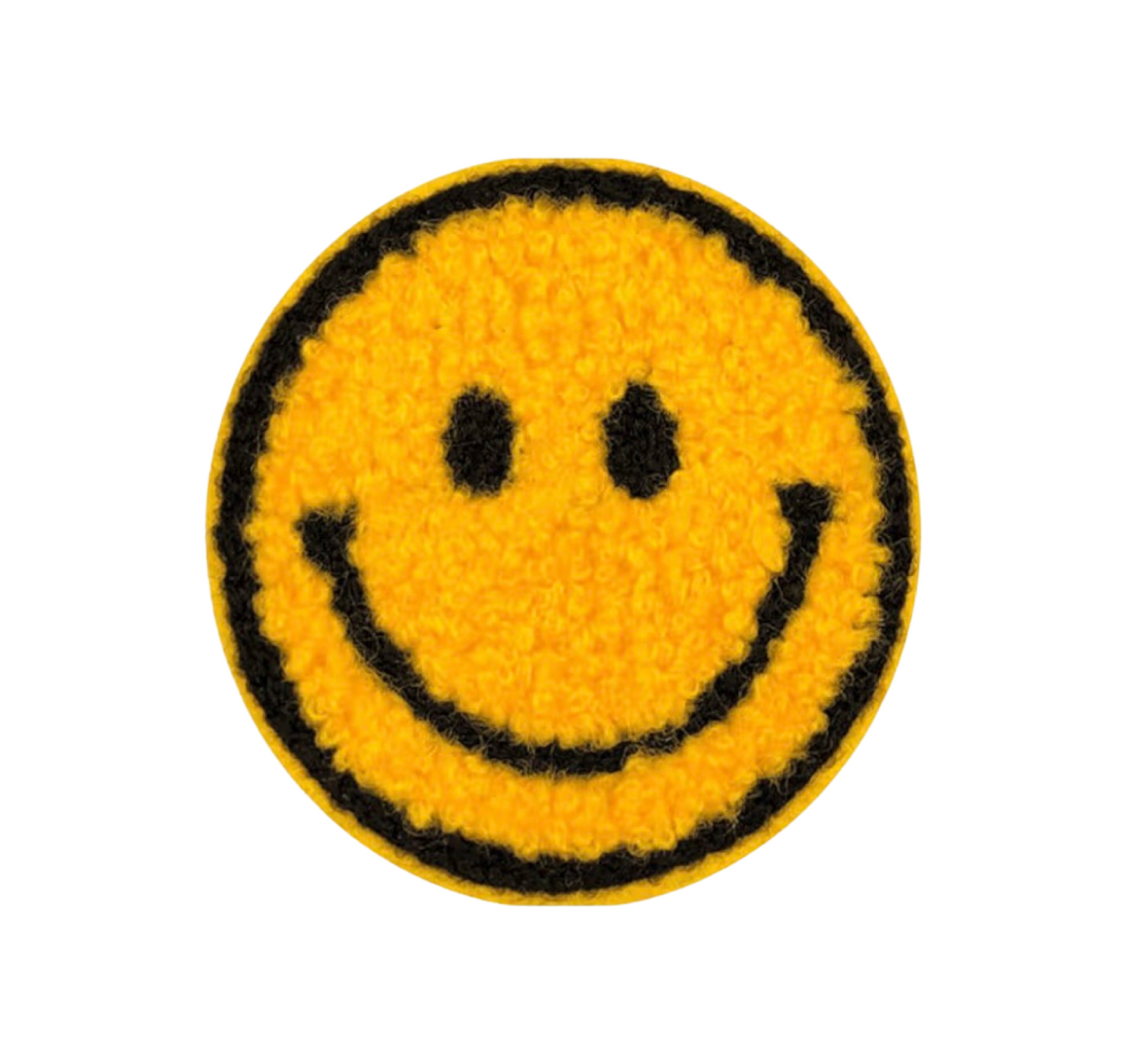 Round yellow patch with a smiley face design on a white background