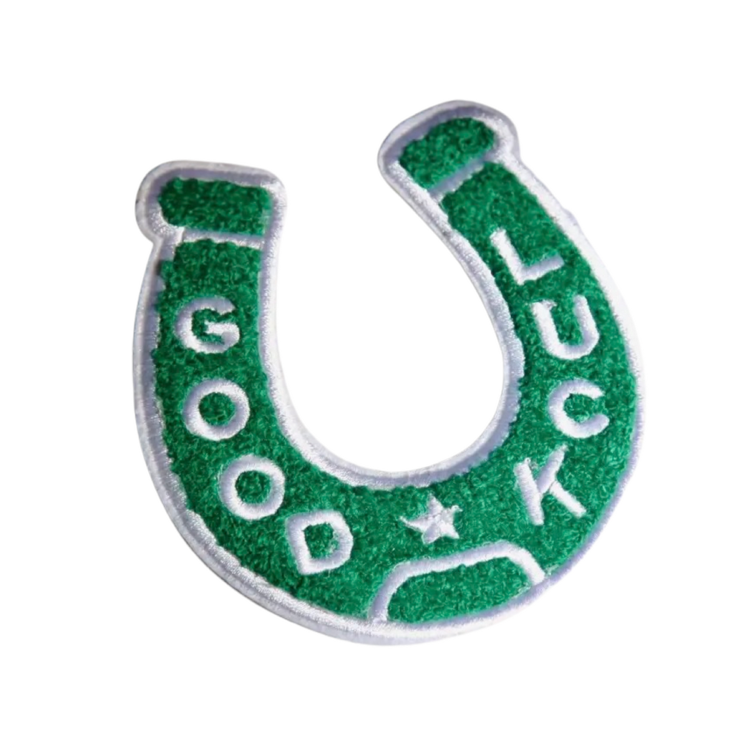 Green chenille horseshoe-shaped patch with 'Good Luck' text on a white background