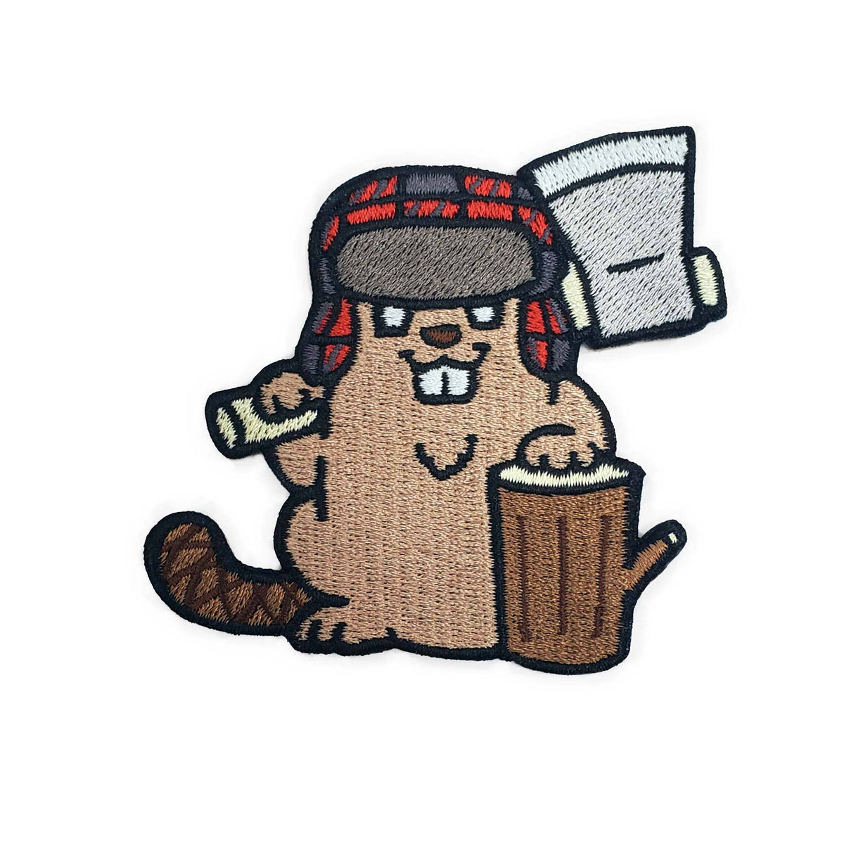 A cartoon beaver patch wearing a red and black plaid hat and holding a gray axe, shown on a plain white background.