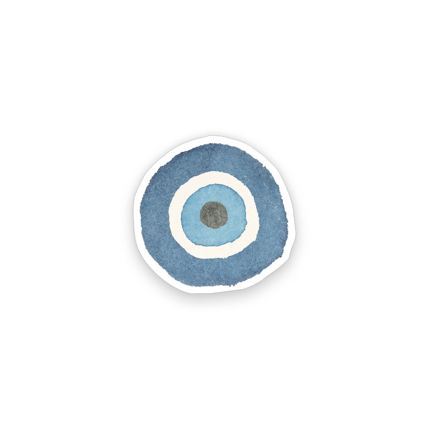 A circular sticker with a watercolor-style evil eye design in shades of blue, white, and a small gray center, shown on a plain white background.