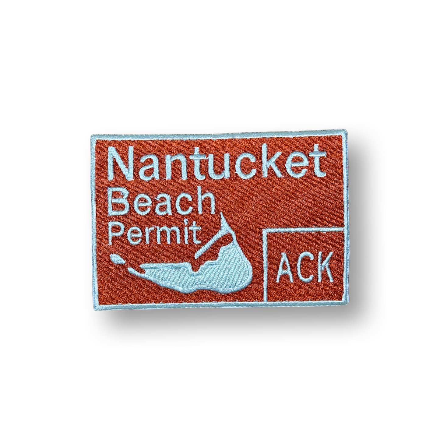 Nantucket Beach Permit patch with red background and white text on a white background