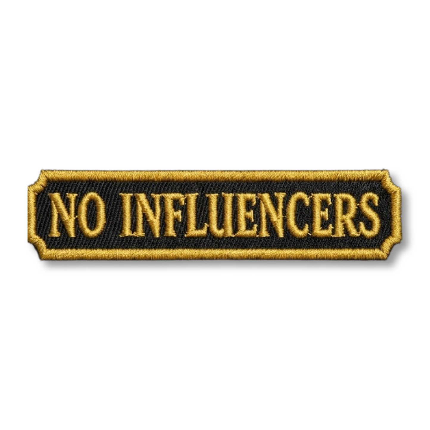 No influencers in gold embroidery on black background iron on patch