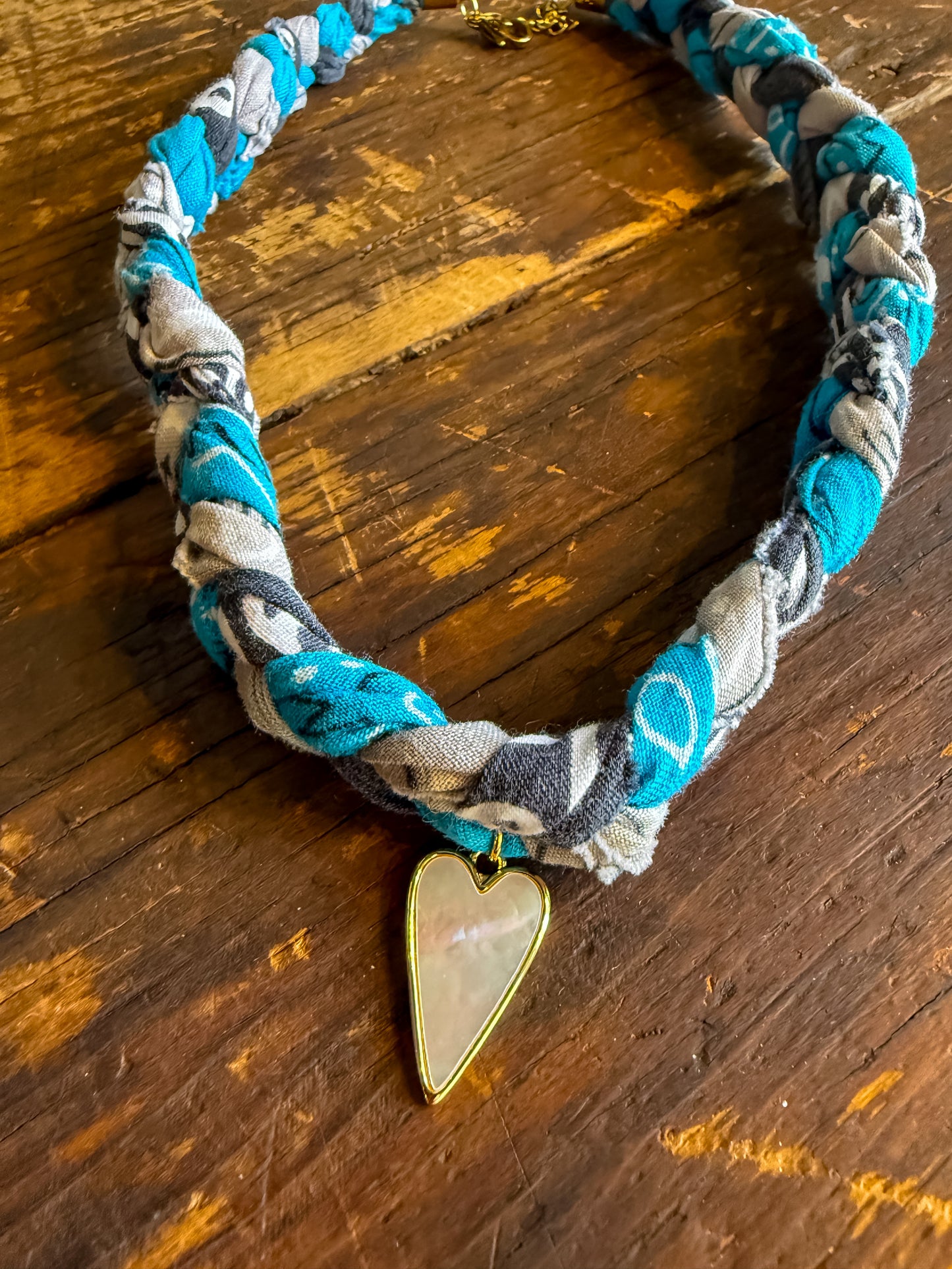 Braided Bandana Charm Necklace with Opal Heart