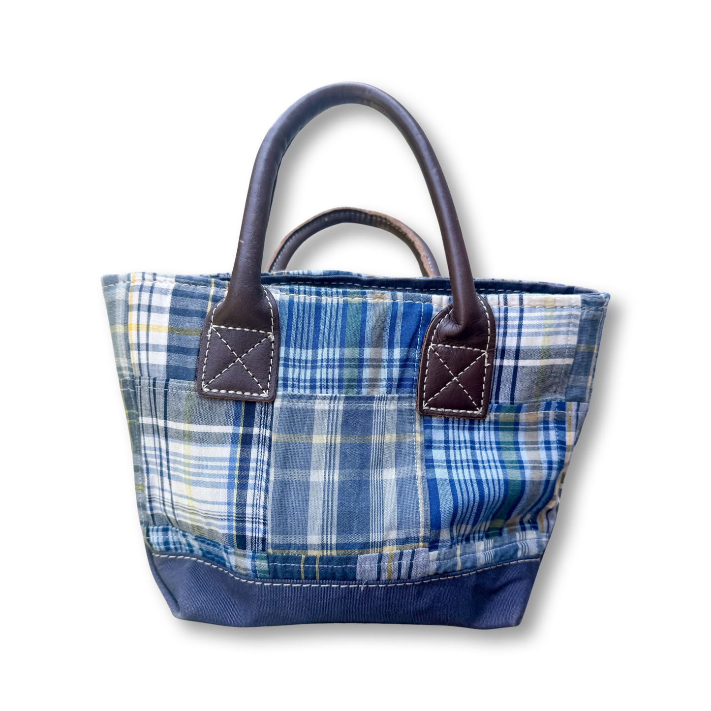 Vintage Y2K LL Bean Leather Handle Mini Blue Madras Tote II