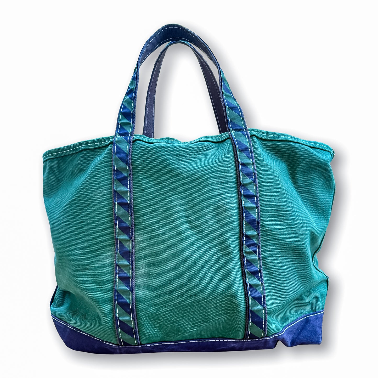 Vintage 1990s LL Bean Boat & Tote- Large Green & Navy Regimental Stripe