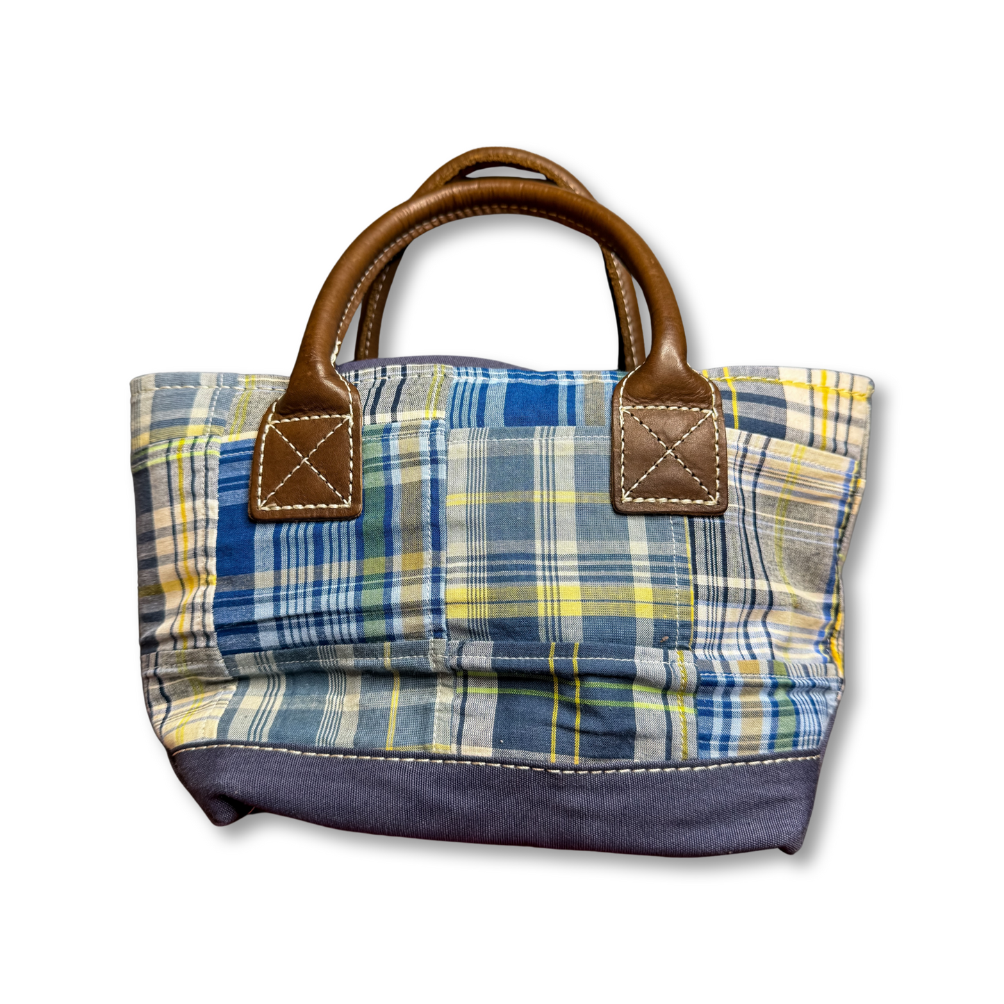 Vintage LL Bean Patchwork Madras Tote | Mini | Blues | Leather Handles