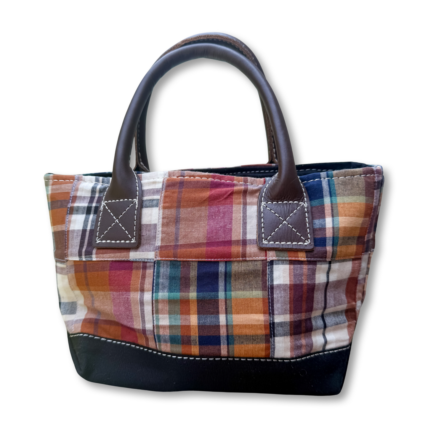 Vintage LL Bean Leather Handle Madras Mini Tote