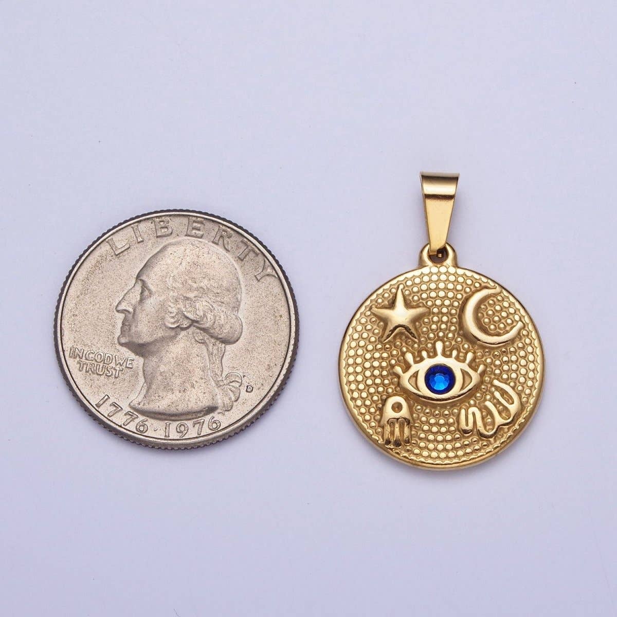 The Amulet Pendant- 24k Gold Filled Lucky Coin with Evil Eye, Moon, Star & Hamsa