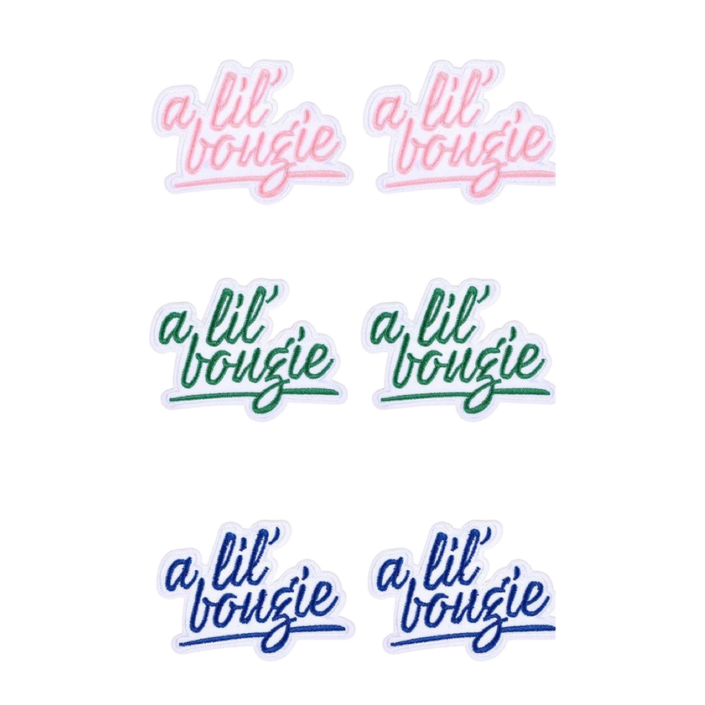Five 'a lil' bougie' stickers in different colors on a white background