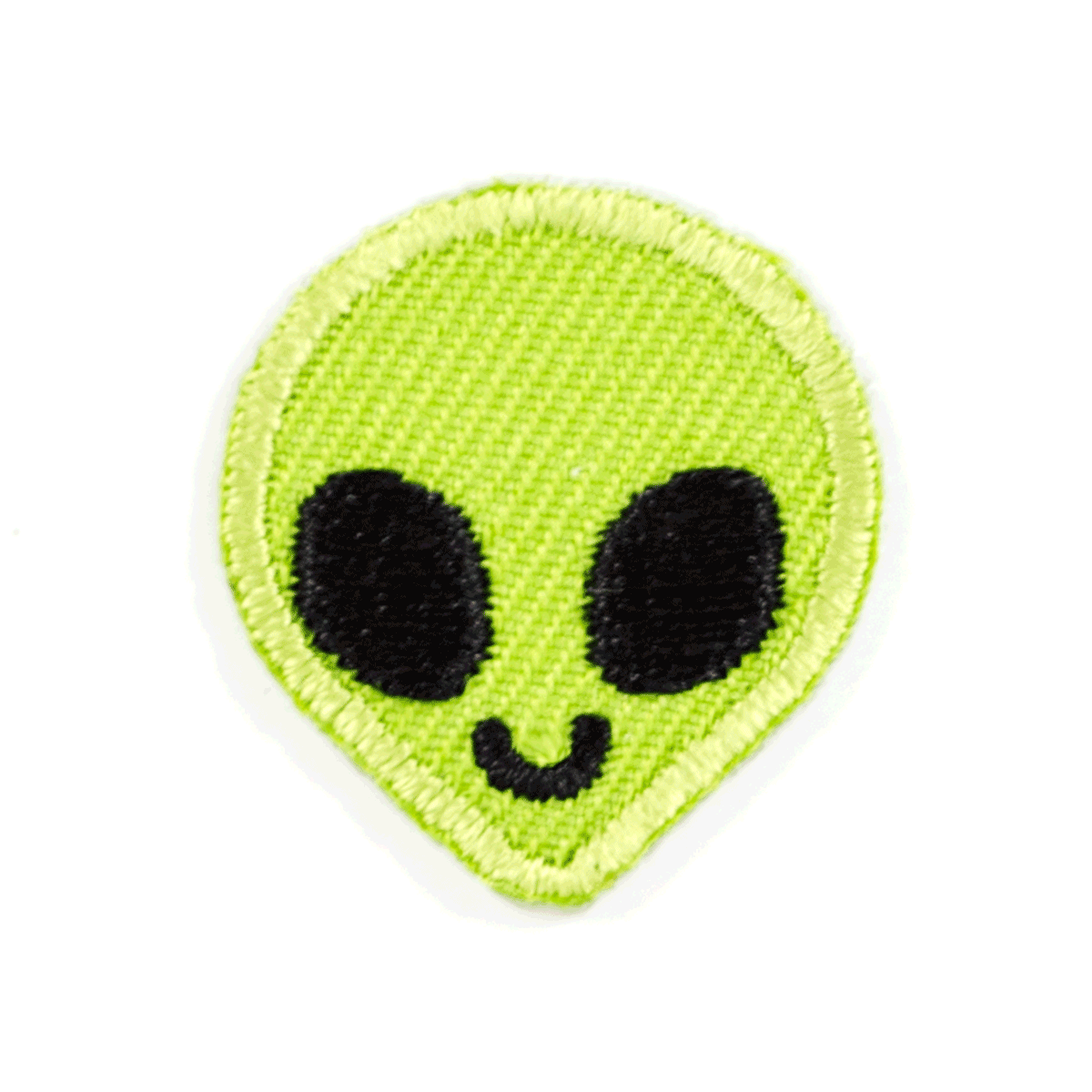 An embroidered alien head patch with a bright lime green body, black eyes, and a small curved black smile on a white background.