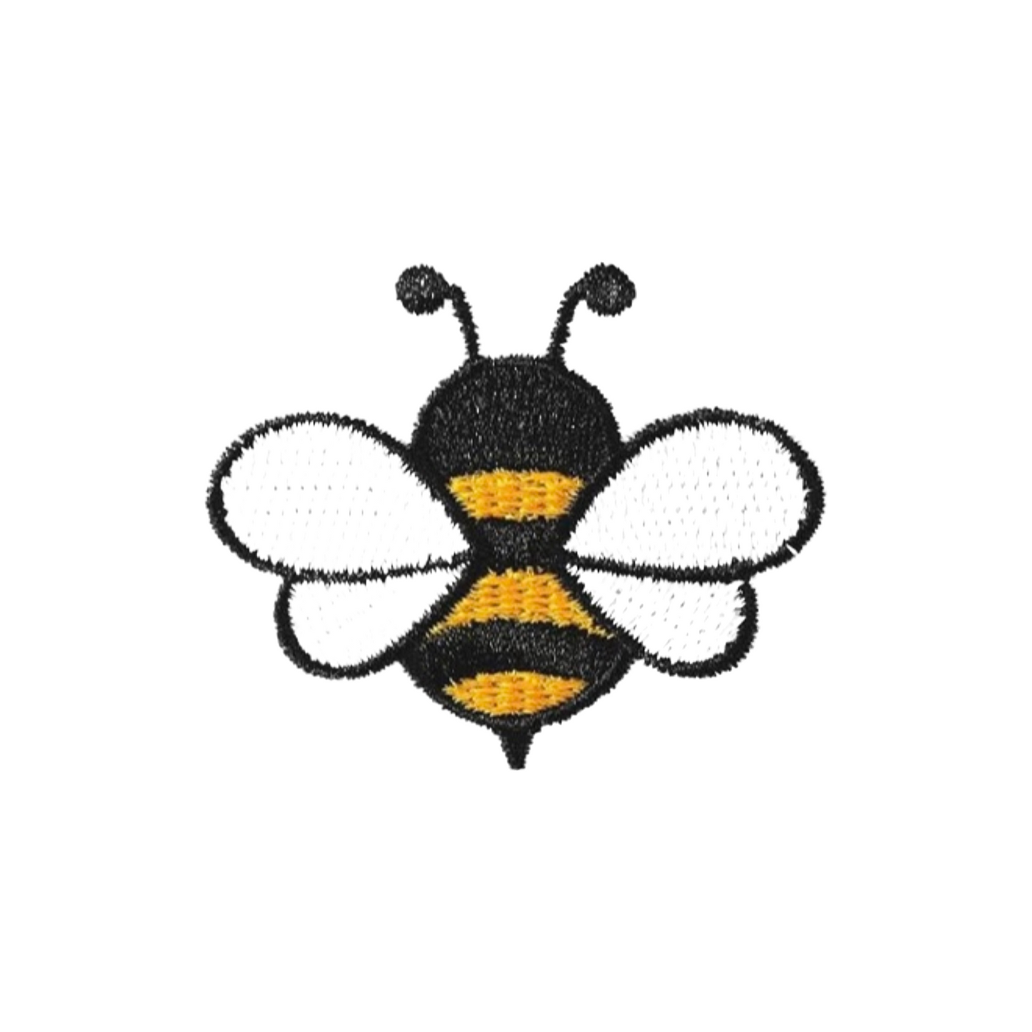 Embroidered bee patch with black, yellow, and white colors on a white background