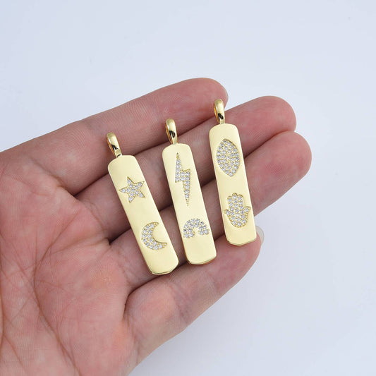 Gold Filled CZ Bolt Star Moon Eye Hamsa Tag Charm Star + Moon