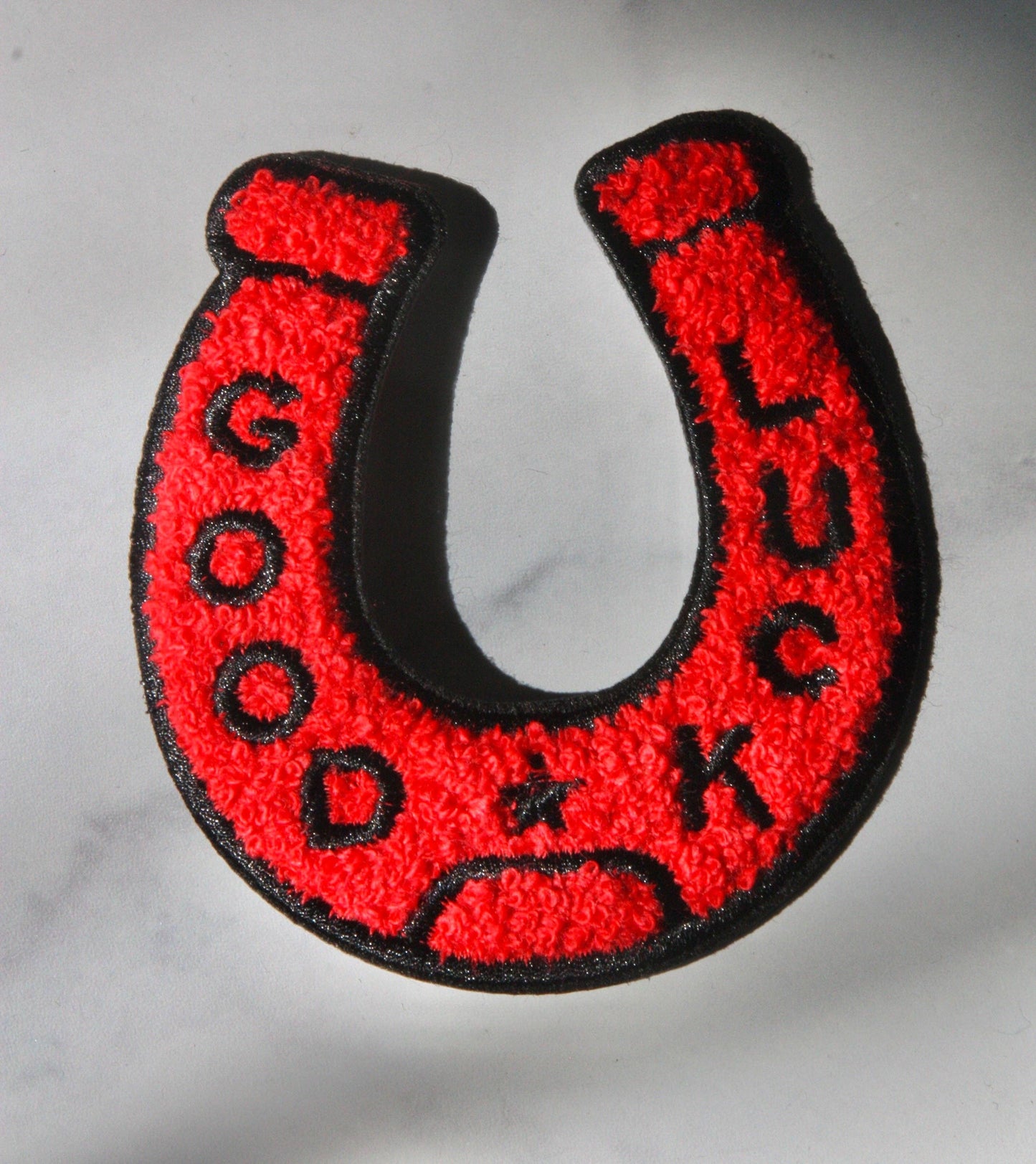 Good Luck Chenille Horseshoe Iron On Patch - Red Black