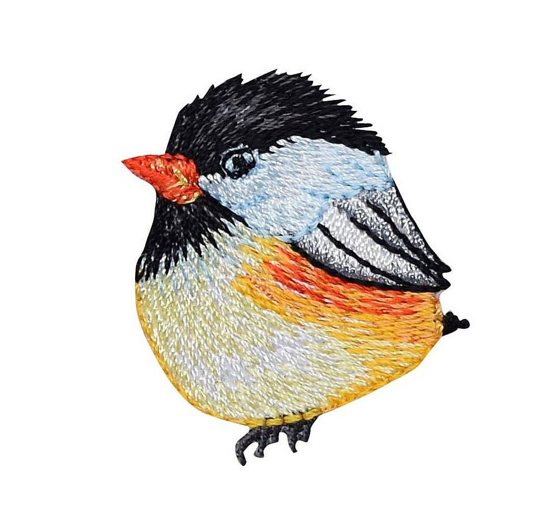 Embroidered patch of a colorful bird on a white background