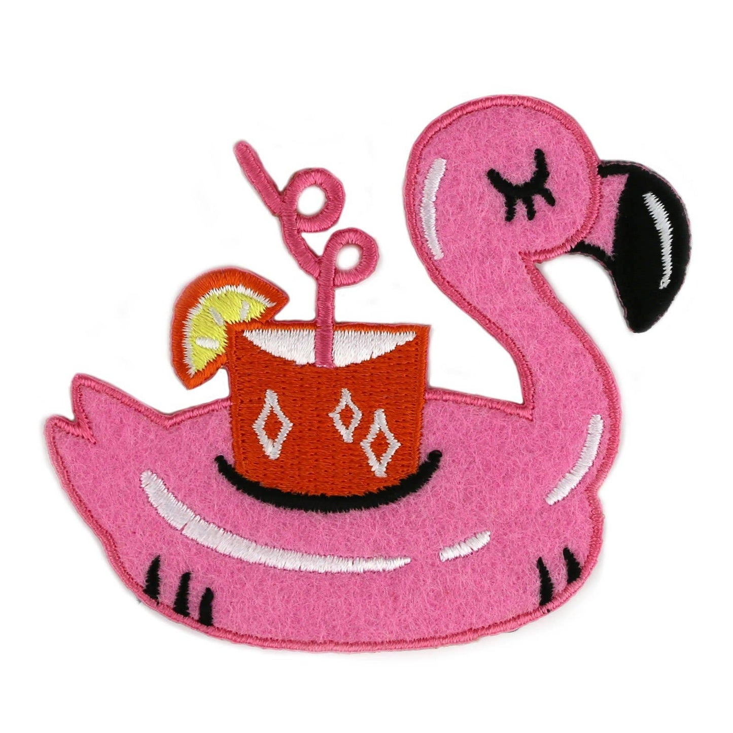 Pink flamingo with a cocktail on a white background