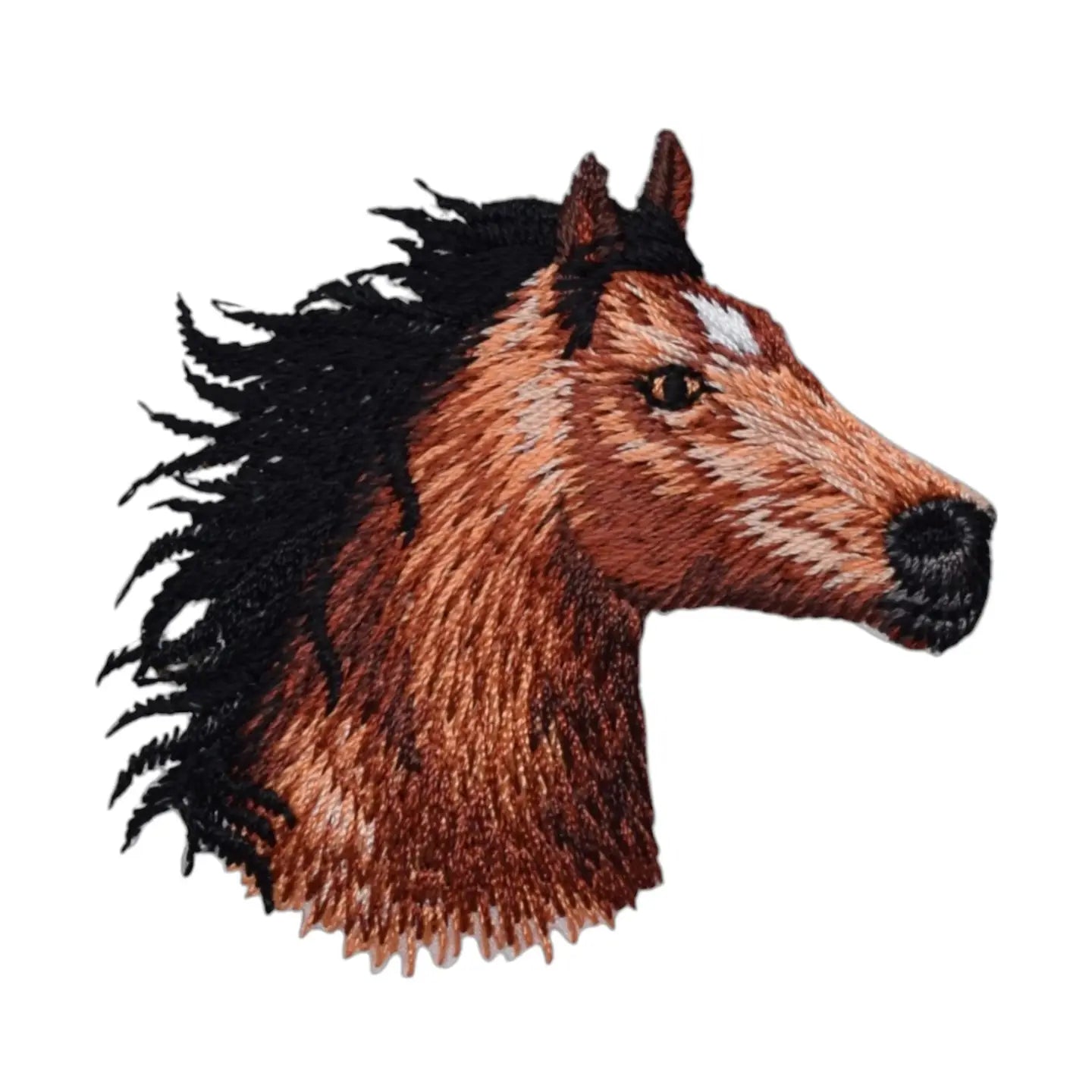 Embroidered patch of a horse's head on a white background