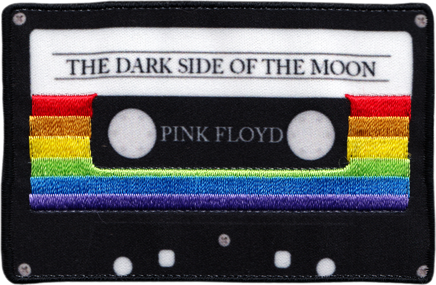 Embroidered patch of a cassette tape with 'The Dark Side of the Moon' and 'Pink Floyd' text on a rainbow background.