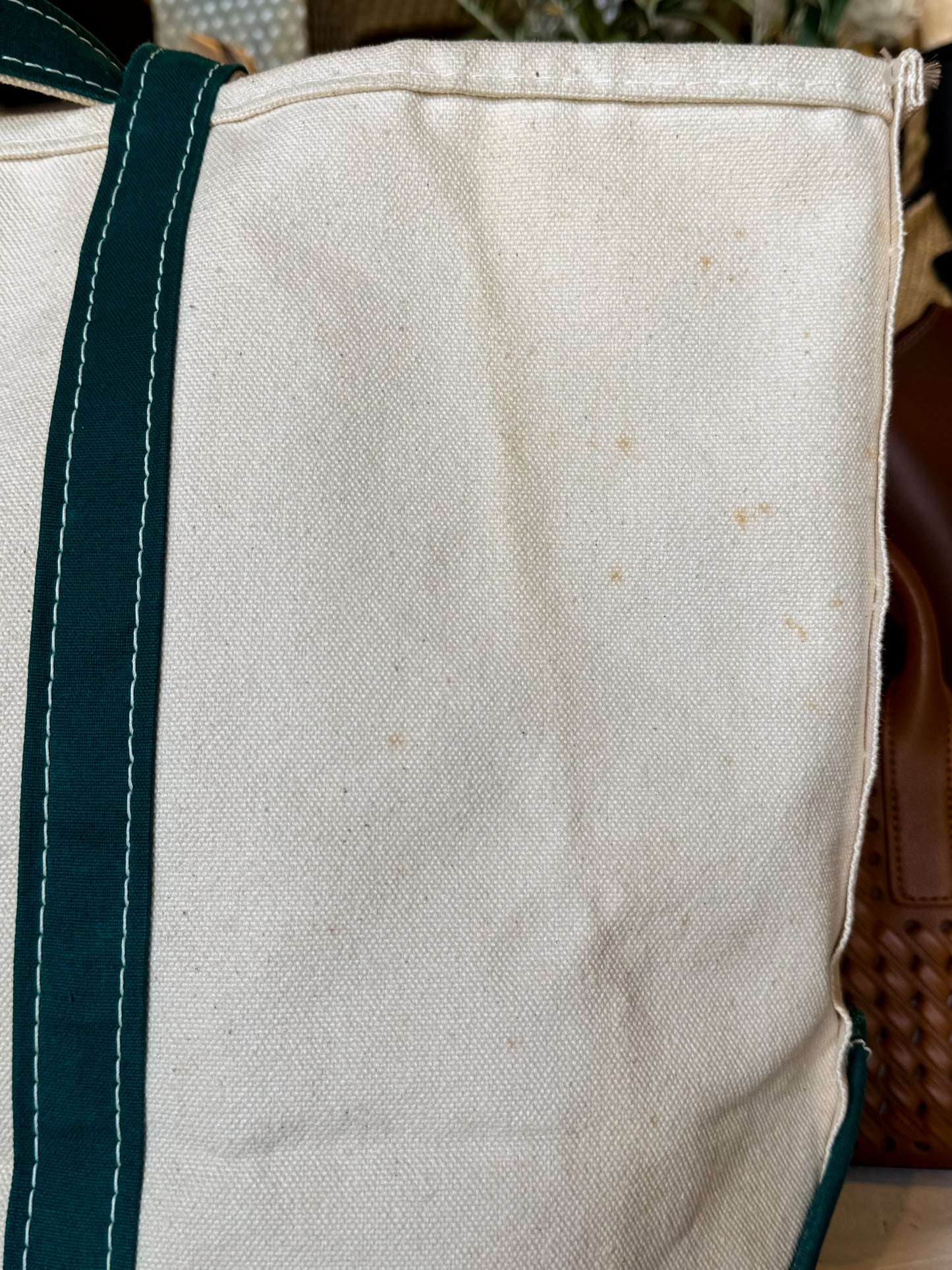 Close-up of a beige tote bag with green straps on a blurred background