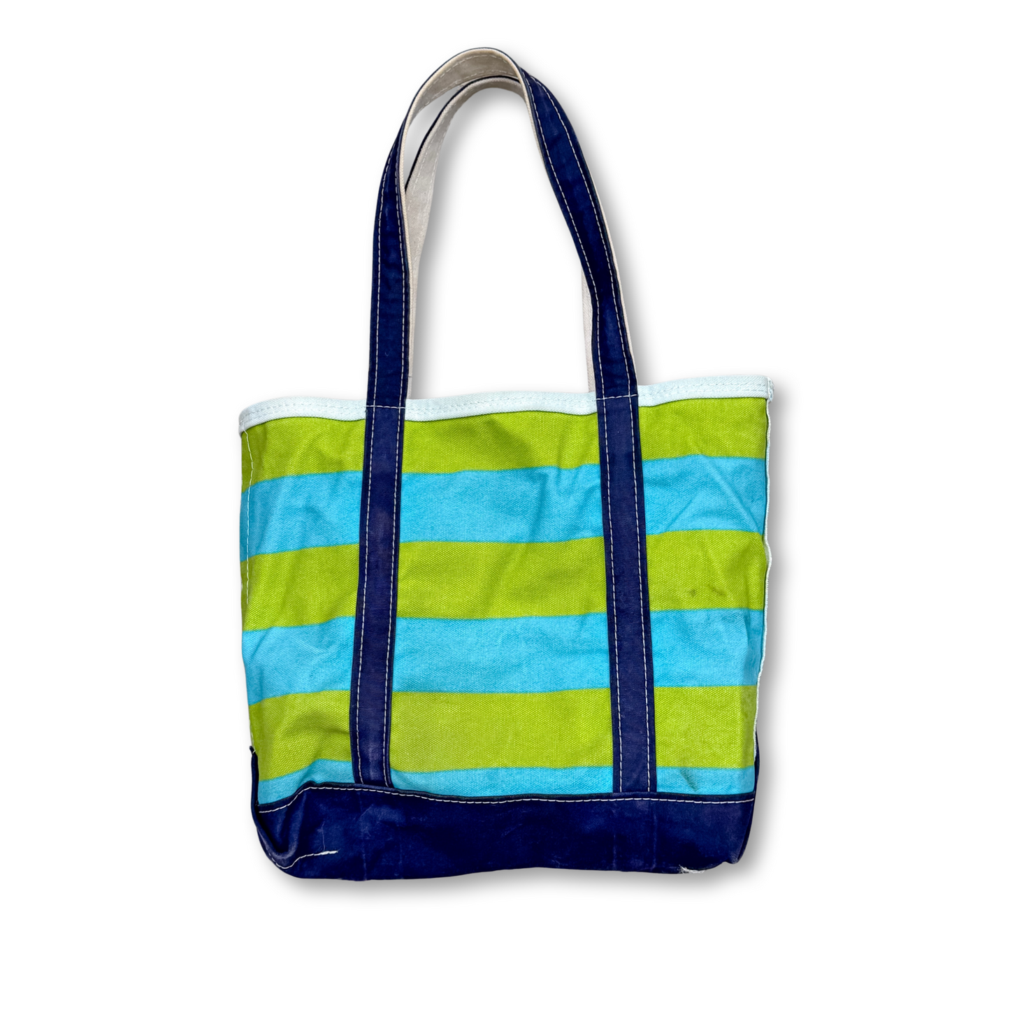 Striped tote bag with blue and green horizontal stripes on a white background