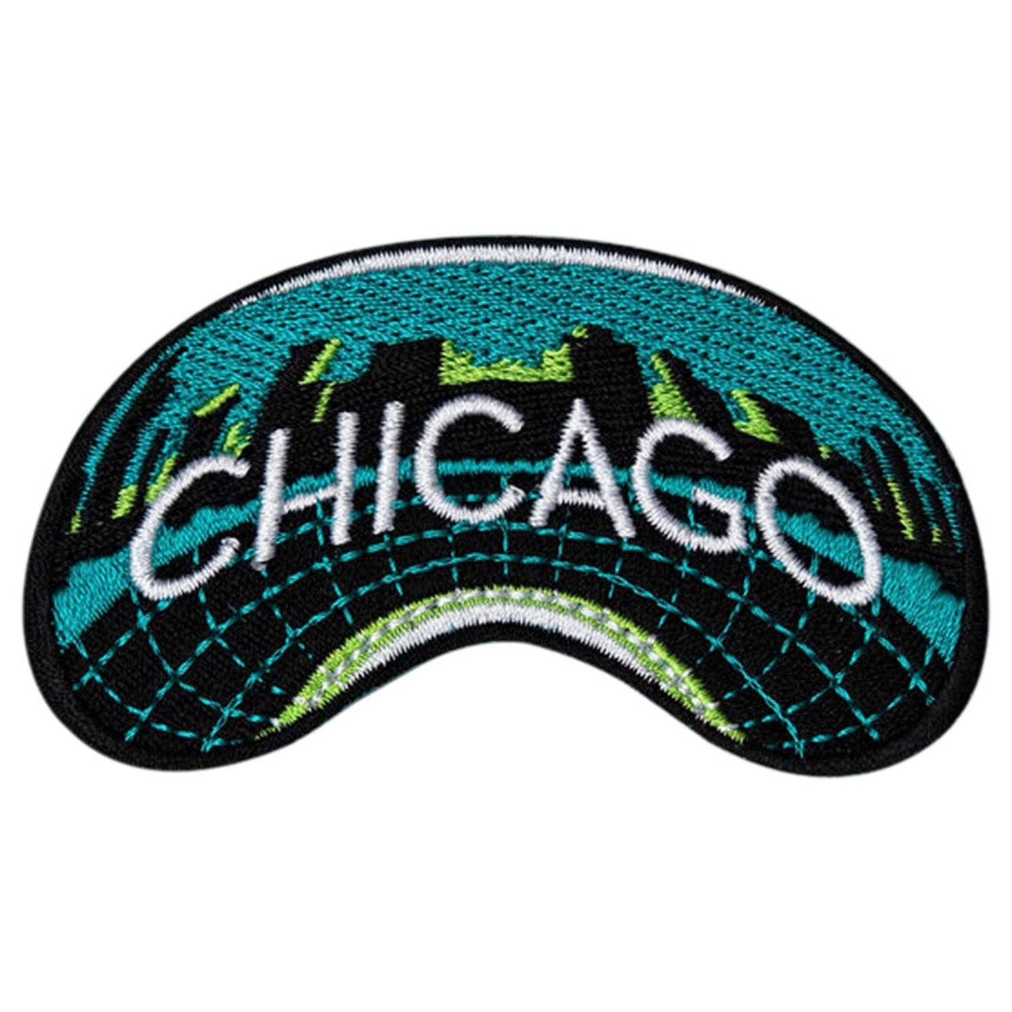 Embroidered patch with 'Chicago' text and city skyline design on a white background
