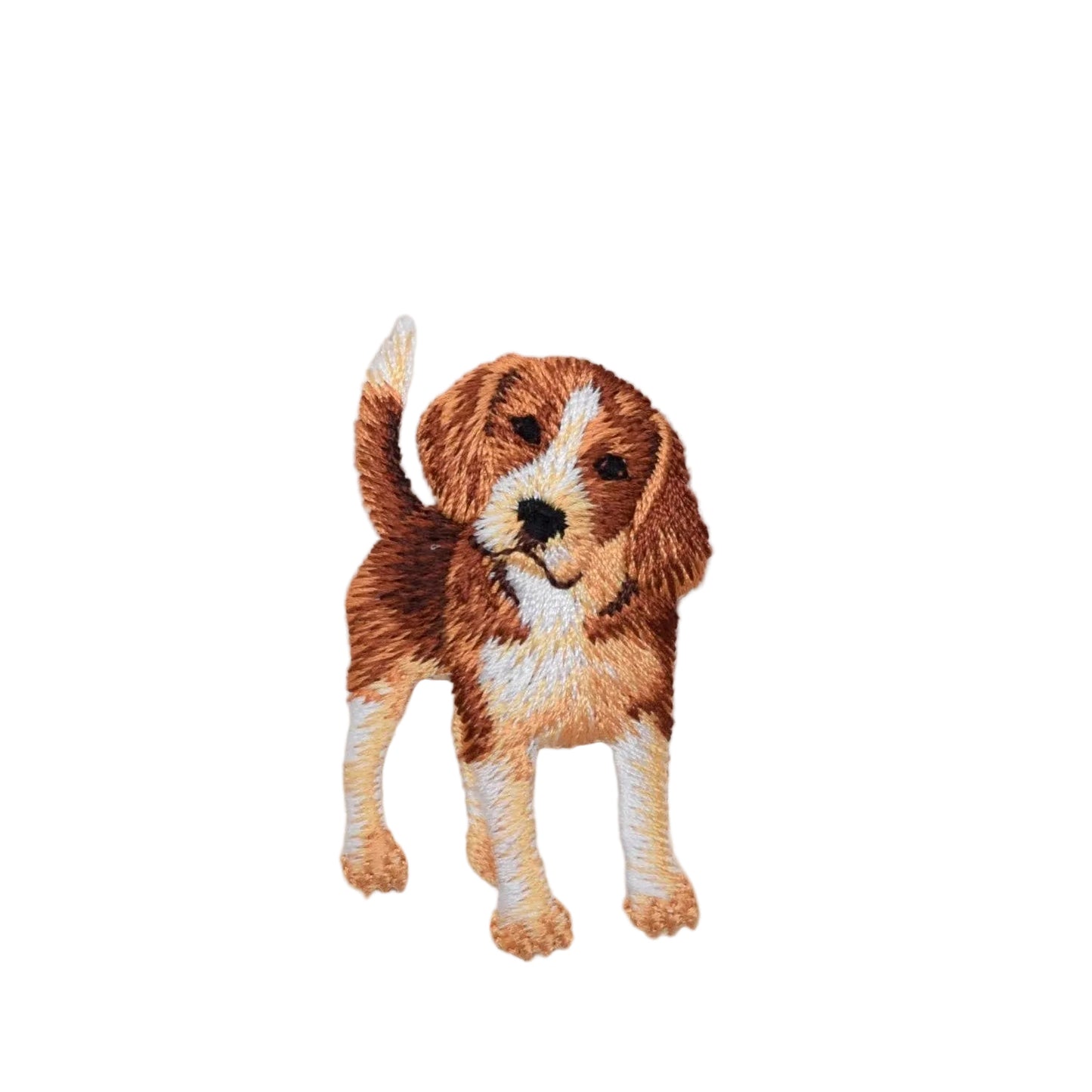 Embroidered patch of a dog on a textured fabric background