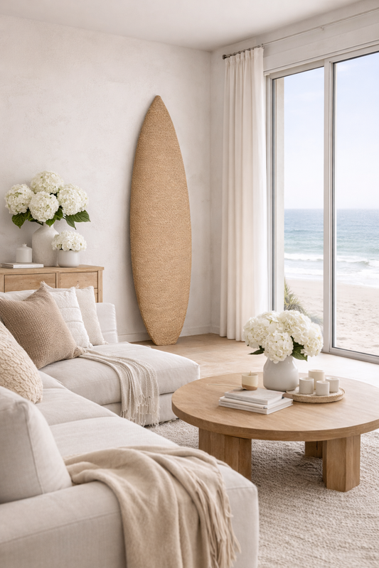 beach front Living room with a surfboard art, sofa, and coffee table by a large window with a view of the beach.
