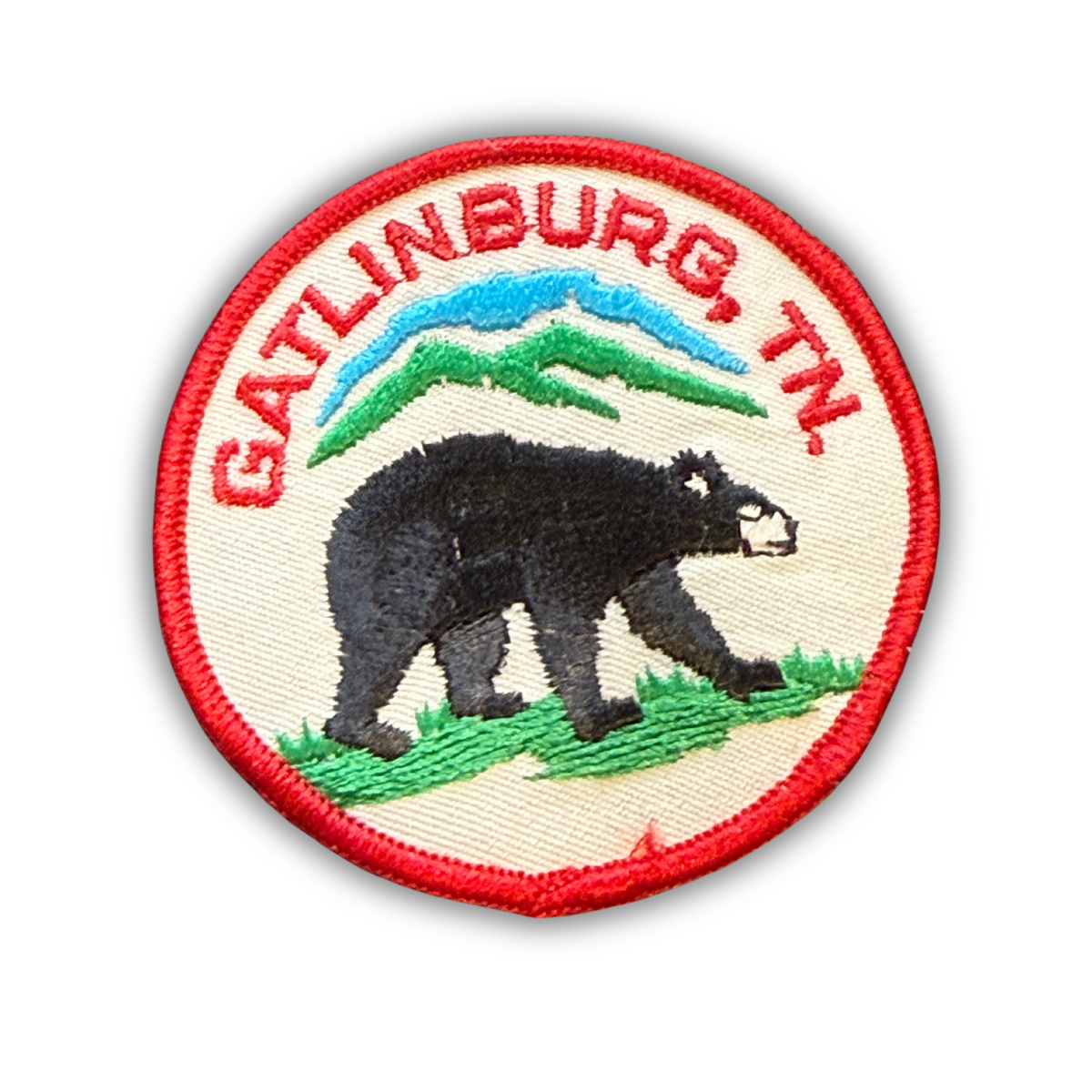 Vintage Gatlinburg Tennessee round embroidered patch, black bear and Smoky Mountains, red border