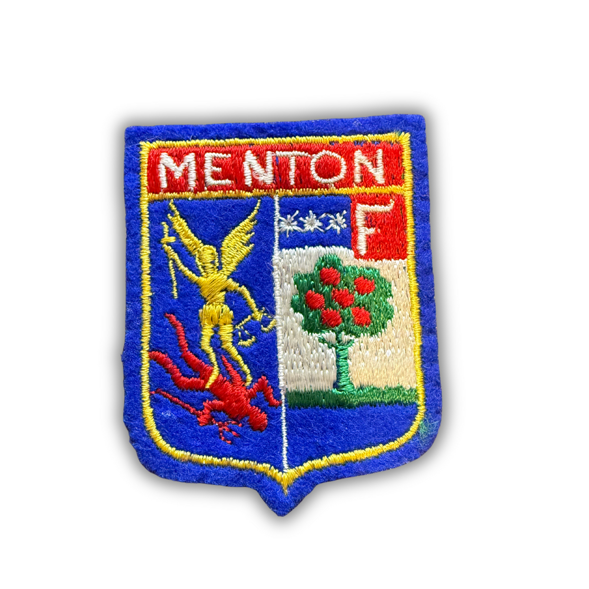 Vintage Menton France felt shield patch, Saint Michael and fruit tree, royal blue, red and gold