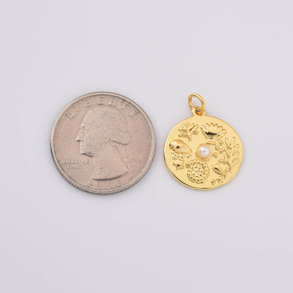 Coastal Medallion Charm with Freshwater Pearl- 18k Gold Filled