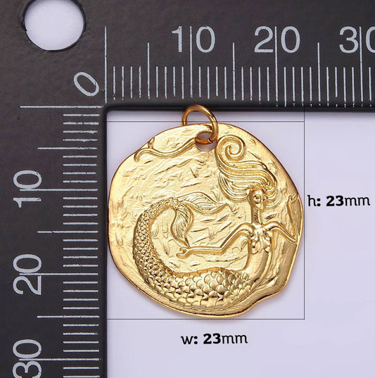Gold Filled Ocean Mermaid Textured Round Coin Charm