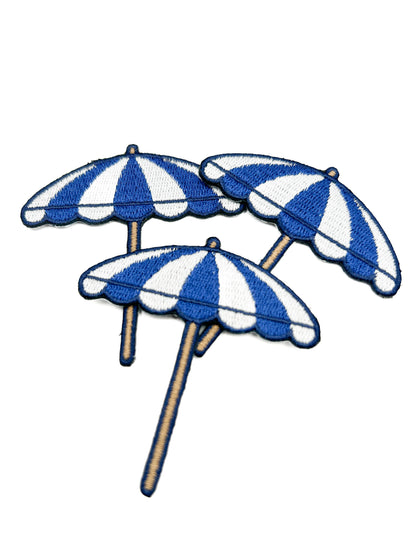 Beach Umbrella Embroidered Patch Blue White Coastal Nautical