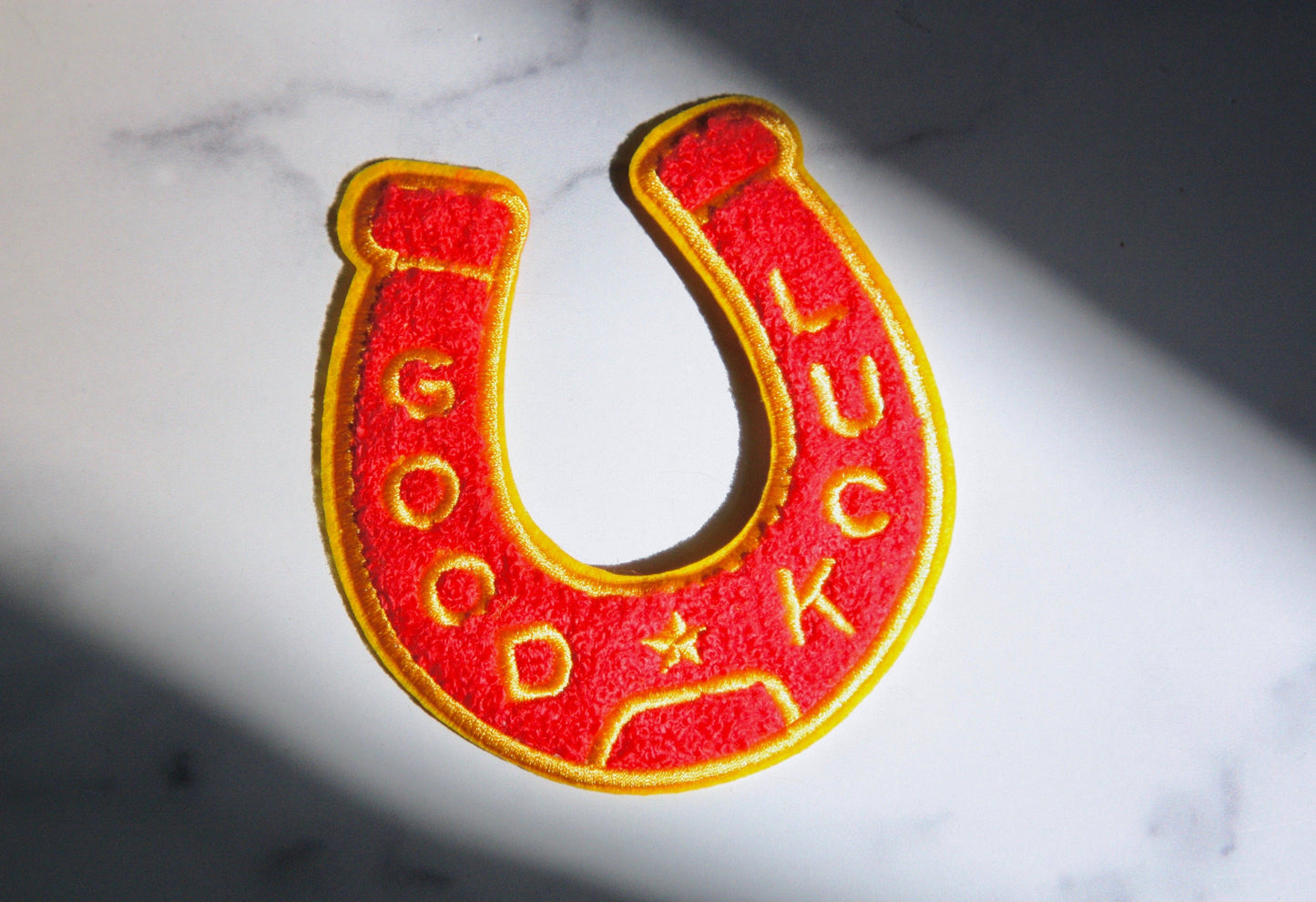 Good Luck Chenille Horseshoe Iron On Patch - Red