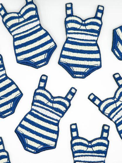 Preppy Striped Bikini, Navy Cream Coastal Swimsuit Iron On Patch