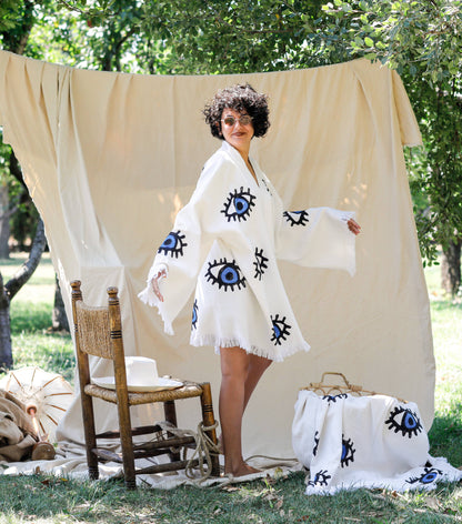 Blue Evil Eye Long Kaftan Kimono