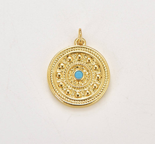Gold Filled Dainty Turquoise Eye Disc Charm Pendant
