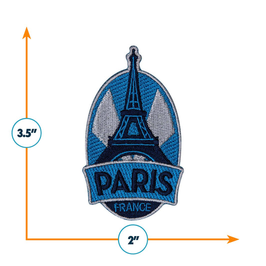 Embroidered patch with Eiffel Tower design and 'Paris France' text, showing dimensions on a white background.