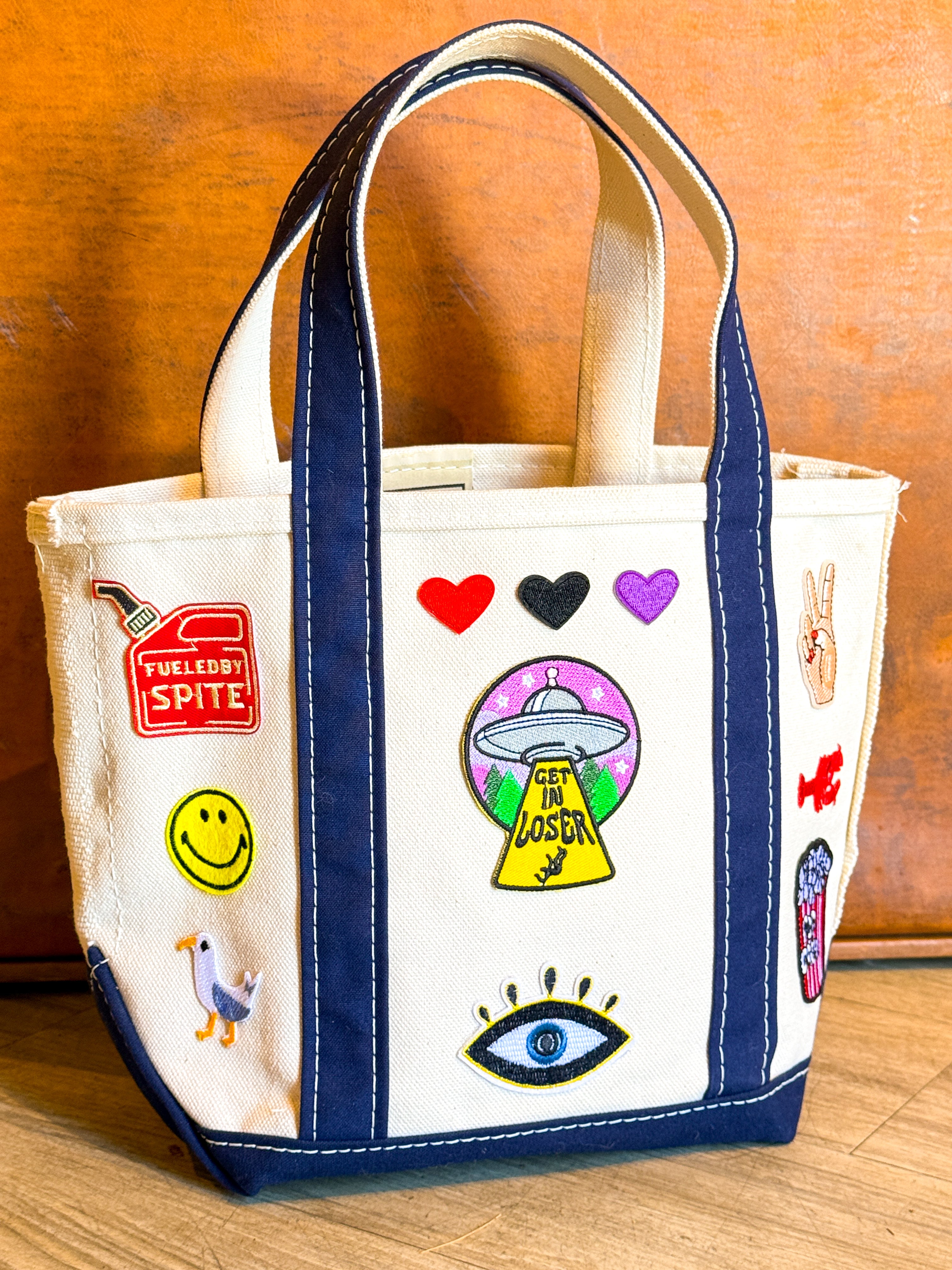 One of a Kind Upcycled LL Bean Boat and Tote (small) with Patches
