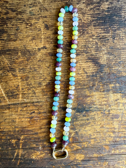 Multicolor Agate Beaded Necklace — Hand Knotted Silk Cord with Gold Charm Holder Clasp