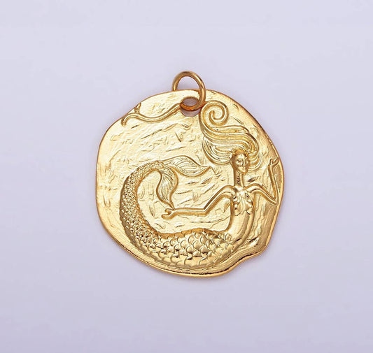 Gold Filled Ocean Mermaid Textured Round Coin Charm