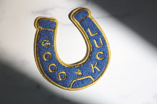 Good Luck Horseshoe Chenille Iron On Patch- Blue & Yellow