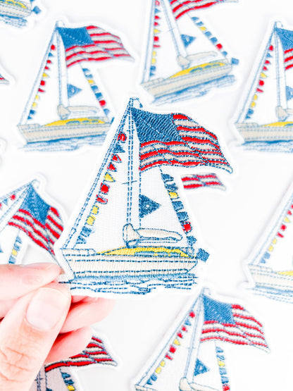 Sailboat Patch with American Flag | Nautical Embroidered 