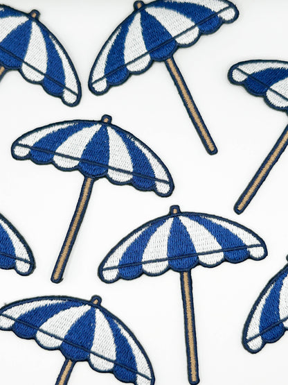 Beach Umbrella Embroidered Patch Blue White Coastal Nautical