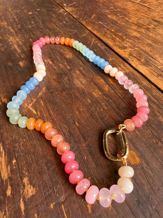 Rainbow Agate Hand Knotted Necklace with Charm Holder Clasp