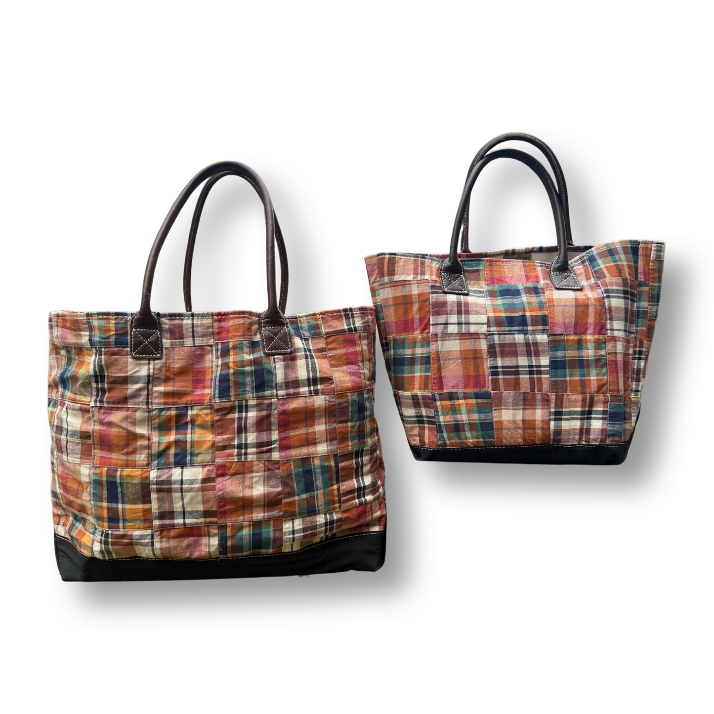 Vintage LL Bean Patchwork Madras Tote | Large | Warm Tones | Leather Handles