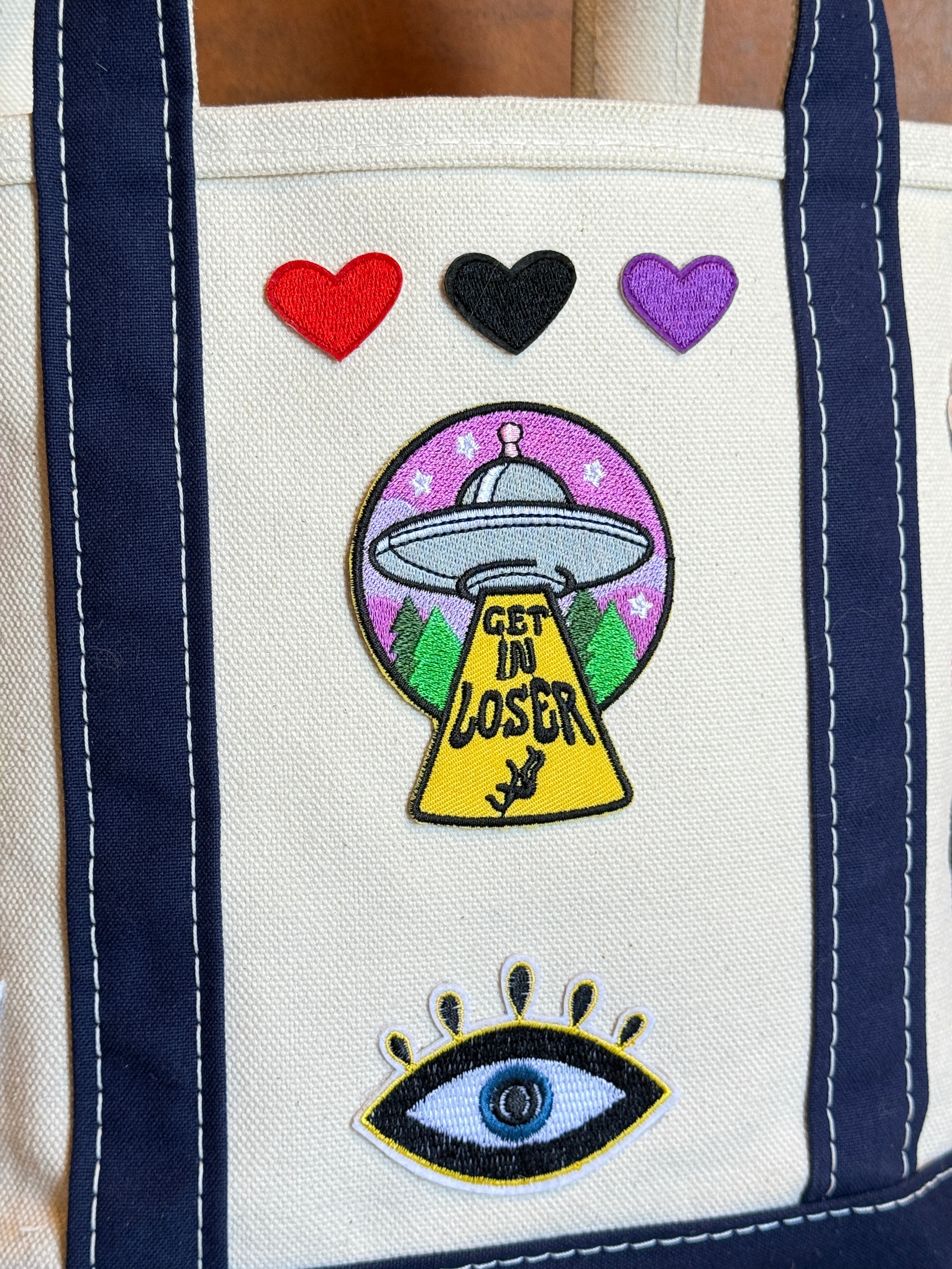 One of a Kind Upcycled LL Bean Boat and Tote (small) with Patches